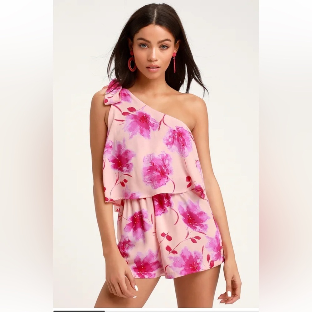 Lulus One-Shoulder Pink floral Romper XS - Picture 6 of 8